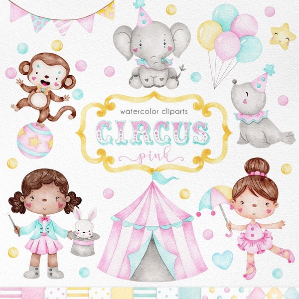 Clipart aquarelle de cirque, téléchargement numérique, graphiques png de cirque rose mignon, couleur bonbon animaux mignons, couleur pastel de cirque