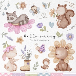 Hello Spring watercolor clipart, floral spring art, watercolor animals, spring flowers, Hand Painted, nursery