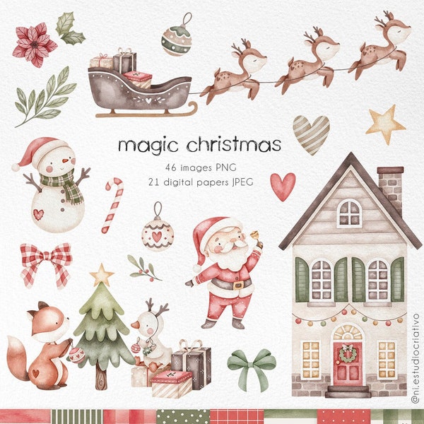 Magic Christmas watercolor clipart, Cute house graphics, cute wodland animals, Winter Holidays png, Santa watercolor illustrations