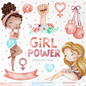 Girl Power watercolor clip art, girls printable, girl power wall art poster decor, Strong Woman Clipart, Girl Empowerment, Planner Sticker