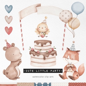 Cute Little Party Watercolor clipart, birthday party cake art,  Celebatrion invitstion png graphics, little bear and fox