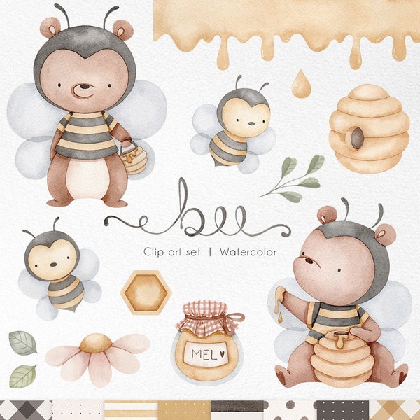Ensemble de clipart abeille aquarelle, bébé ours habillé, costume d'abeille mignon, illustrations de jardin et de fleurs, gouttes de miel, art de la ruche