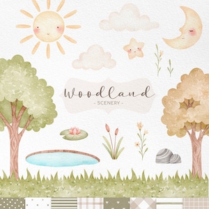 Woodland scenery watercolor clipart, digital download, Watercolor Trees and pond png illustrations, Fall llandscape, Watercolor Forest