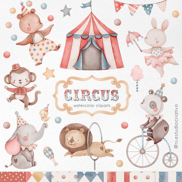 Set di clipart ad acquerello da circo, illustrazione di animali, piccolo clown, decorazione per vivaio colorato, tenda per feste da circo