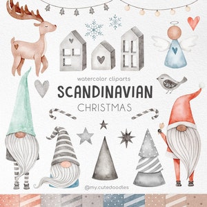 Scandinavian Christmas watercolor clipart, Cute Santa watercolor graphics, christmas gnome png, scnadinavian folk art decor