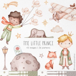 The Little Prince watercolor clipart, le petit prince printable, Kids Party Themed Prince, cute fox  and rose friends