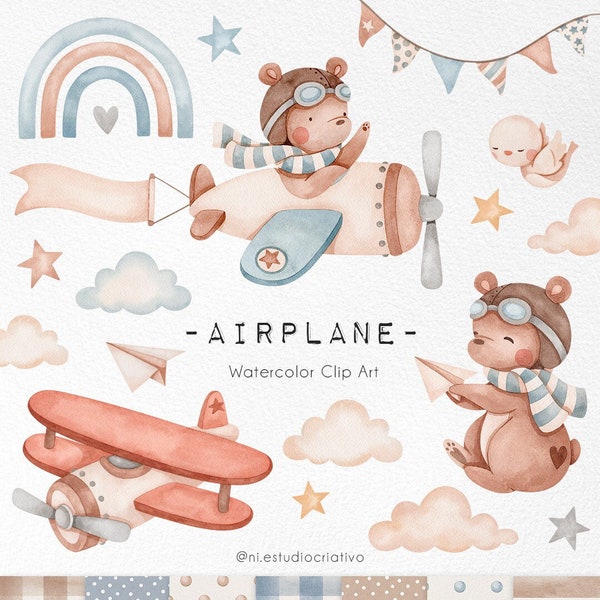 Airplane watercolor clipart set, Cute animals illustration, Baby bear pilot, vintage toys Nursery Decor, Time flies, baby wall art