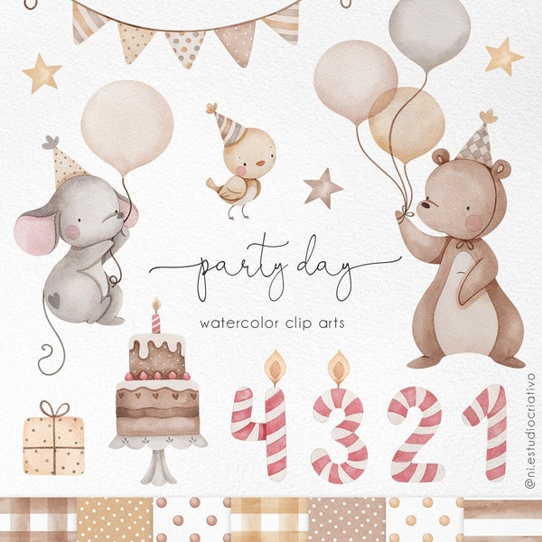 Party Day Watercolor clip arts, birthday clipart,  Monthly Growth artworks, Baby Shower gift, animal with baloons png, baby bear and mouse