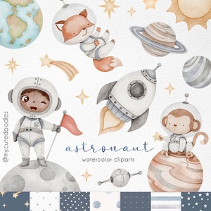 Astronaut Watercolor clipart, cute space animals, planet illustration, space clip art , party supplies, khloe kardashian son tatum's party