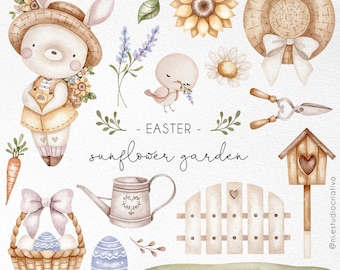 Easter Sunflower Garden Watercolor clipart, easter watercolor clipart, pastel color baby decor graphics, daisy flowers png, cute bunny girl