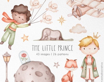 The Little Prince watercolor clipart, le petit prince printable, Kids Party Themed Prince, cute fox  and rose friends