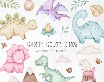 Candy Color Dino watercolor clipart, Pink Dinossaur Baby Shower, Roar, baby girls party theme, Nursery wall Decor,  pastel color art