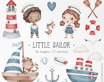 Little Sailor watercolor clipart set, Nautical Kids clipart , Cute navy illustrations, Sailor baby bear, digital stickers