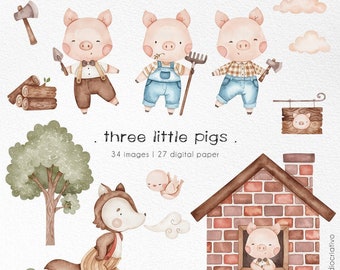 Clipart aquarelle de trois petits cochons, aquarelle de conte de fées, illustration de petites maisons, porcelet mignon, loup en colère kawaii, personnages mignons