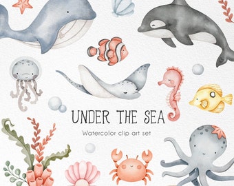 Under the sea Watercolor Clipart - Baby boy and girl nautical clip art, Baby shower, octopus, jellyfish, whale, cute ocean animals png