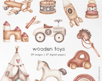 Wooden toys watercolor clipart, boho nursery png, neutral eco toys illustrations, digital sticker, cute designs for Baby Shower