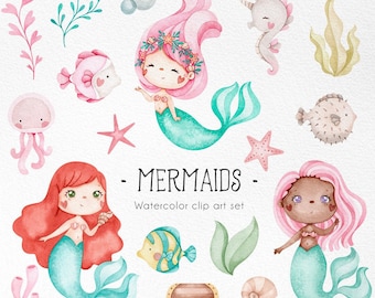 Cute Mermaids Watercolor Clipart - little and magical under the sea creatures, Baby shower, baby fish, cute ocean animals png