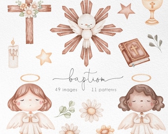 Baptism watercolor clipart, Little Angels, cute holy spirit, Christening invitation, christian clipart