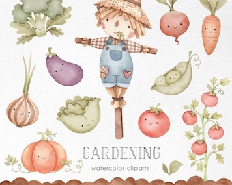 Gardening watercolor clipart, Fruits and Vegetables, Country life, Farm Watercolor Clip Art, Nursery Nursery Decor art,  Printable Art