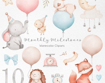 Baby Monthly Milestone clip art, clipart di compleanno, opere d'arte di crescita mensile, regalo Baby Shower, animale con baloons png