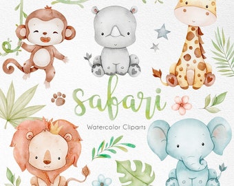 Safari watercolor clipart, Safari Baby Shower, Jungle Watercolor Clip Art, Nursery Nursery Decor art,  Printable Art, Wall Decor
