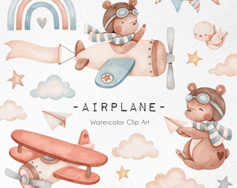 Airplane watercolor clipart set, Cute animals illustration, Baby bear pilot, vintage toys Nursery Decor, Time flies, baby wall art