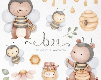 Watercolor bee clipart bundle, Baby bear dressed up, Cute bee costume, Garden and flowers illustrations, Honey drips, Beehive art