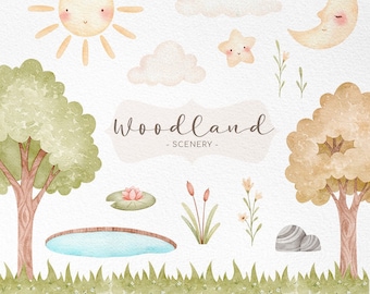 Woodland scenery watercolor clipart, digital download, Watercolor Trees and pond png illustrations, Fall llandscape, Watercolor Forest