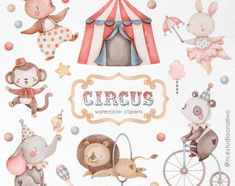 Circus watercolor clipart set, Animals illustration, little clown, Colorfull nursery decoration, Circus party tent