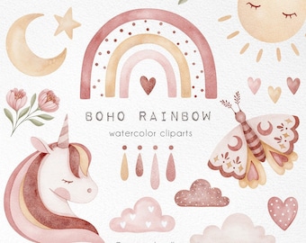 Boho Rainbow Watercolor clipart,  Instant download, rainbow clip art, weather graphics, clouds, sun, rain, party supplies