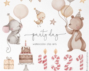 Party Day Watercolor clip arts, birthday clipart,  Monthly Growth artworks, Baby Shower gift, animal with baloons png, baby bear and mouse