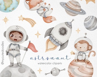 Astronaut Watercolor clipart, cute space animals, planet illustration, space clip art , party supplies, khloe kardashian son tatum's party