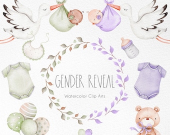 Gender Reveal watercolor clipart set, baby nursery decor, purple and green party supplies, Baby Shower Clipart, Welcome Baby invitation art