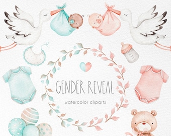 Gender Reveal watercolor clipart set, baby nursery decor, pink and blue party supplies, Baby Shower Clipart, Welcome Baby invitation art