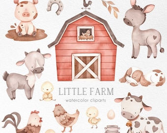 Little Farm watercolor clipart, Animals Baby Shower, Farm Watercolor Clip Art, Nursery Nursery Decor art,  Printable Art, Wall Decor