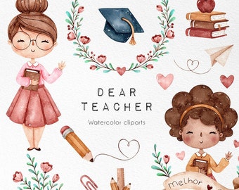 Teacher's Day watercolor clipart, Dear Teacher planner graphics, Cute teacher sticker for scrapbook, flower illustration for paper crafts