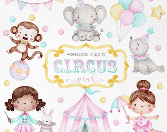 Circus watercolor clipart, digital download, Cute pink circus png graphics, Cute animals candy color, Circus pastel color