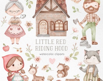 Little Red Riding Hood watercolor clipart, Woodland animals watercolor, love decor art,love couple animals graphics