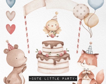 Cute Little Party Watercolor clipart, birthday party cake art,  Celebatrion invitstion png graphics, little bear and fox