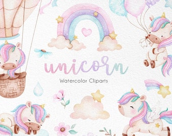 Cute Unicorn Watercolor clipart,  Instant download, rainbow clip art , Magic unicorn graphics, candy color, party supplies