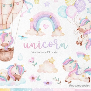 Cute Unicorn Watercolor clipart, Instant download, rainbow clip art , Magic unicorn graphics, candy color, party supplies image 1