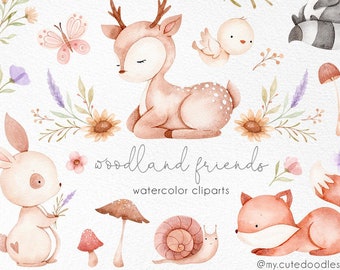 Woodland animals clipart,  watercolor animals illustration, nursery decoration, partty supplies, little baby bear, fox, deer,raccoon, forest