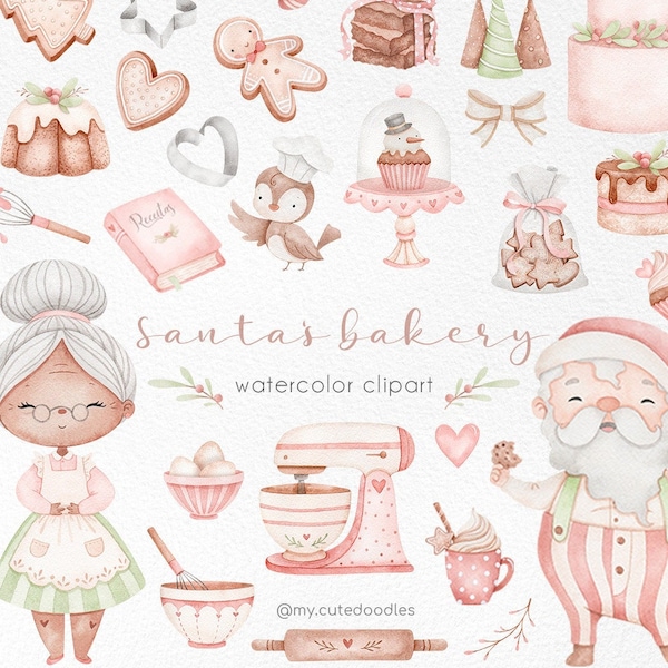 Sweet Christmas Bakery watercolor clipart, Cute Santa's bakery, baking watercolor supplies clipart, Vintage Kitchen, sweet png