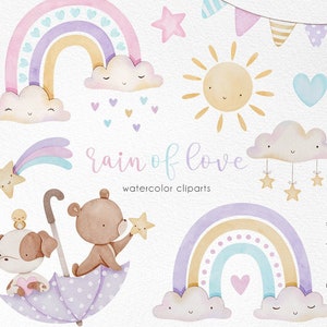 Rain of Love Watercolor clipart, Instant download, rainbow clip art , weather graphics, candy color, party supplies image 1