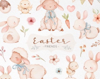 Easter Friends Watercolor clipart,  Bunny watercolor clipart, Vintage baby decor graphics, Baby bunny png, baby sheep clipart