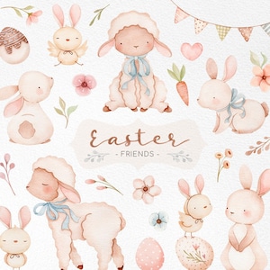 Easter Friends Watercolor clipart,  Bunny watercolor clipart, Vintage baby decor graphics, Baby bunny png, baby sheep clipart