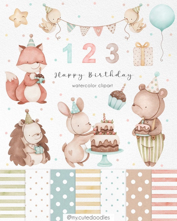 Happy Birthday Watercolor Clip Arts, Birthday Clipart, Monthly Growth  Artworks, Baby Shower Gift, Animal With Baloons Png, Cakes, Candies 