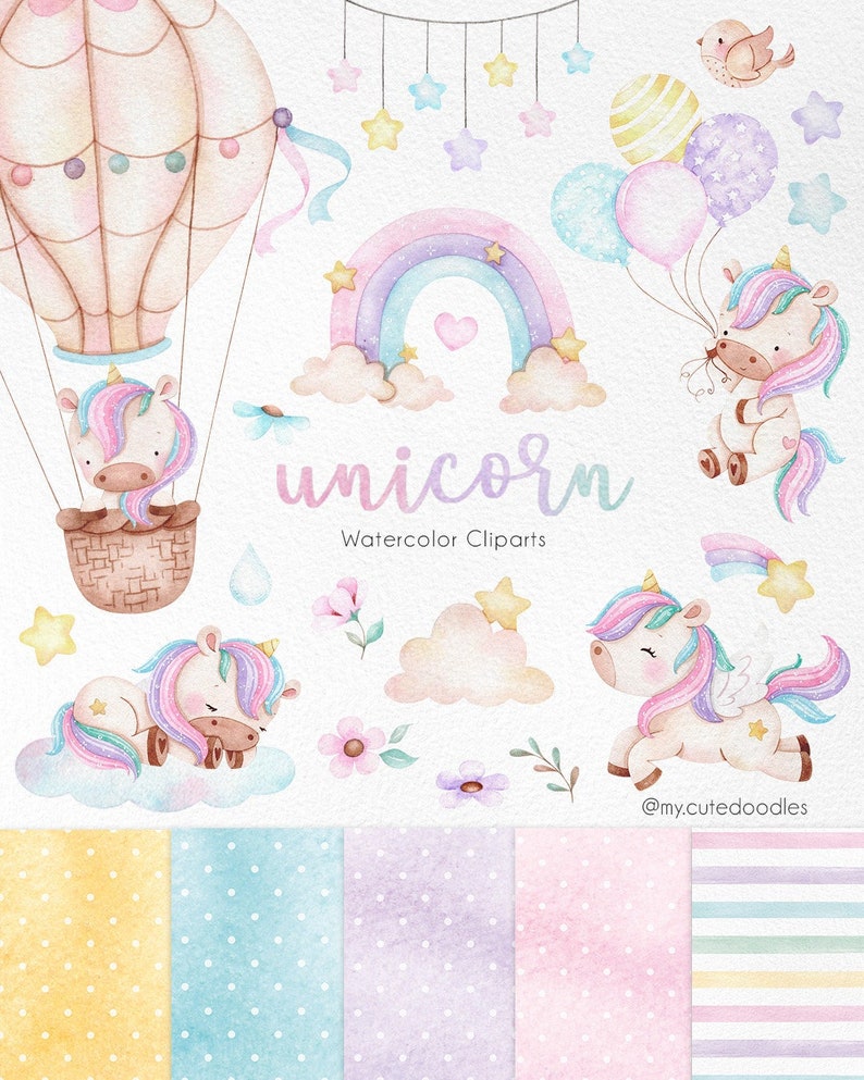 Cute Unicorn Watercolor clipart, Instant download, rainbow clip art , Magic unicorn graphics, candy color, party supplies image 1