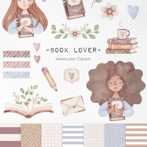 Love Book Watercolor Clipart bundle, watercolor digital papers, Reading illustrations, women teachers day, pastel color flower decor