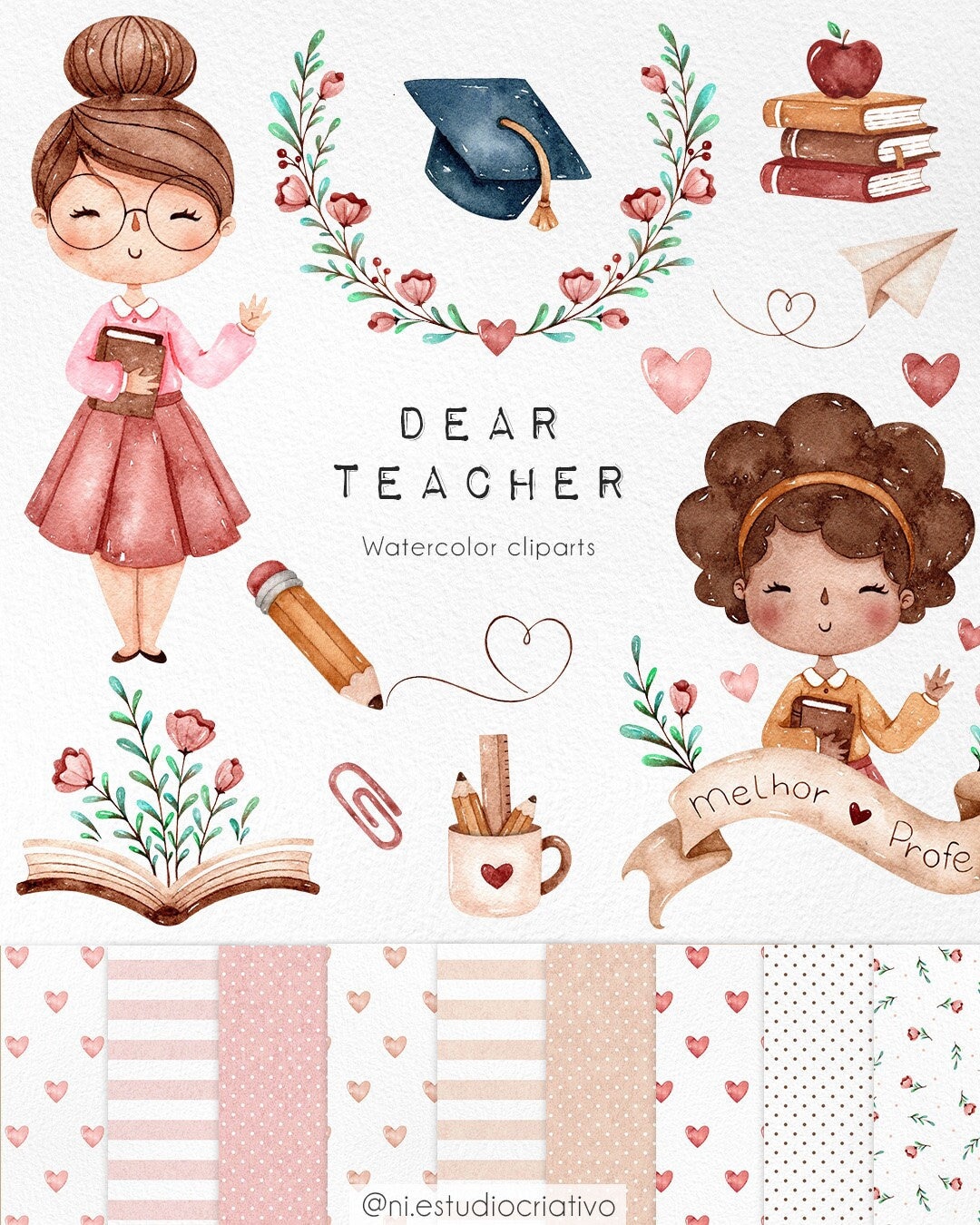Teacher's Day Watercolor Clipart, Dear Teacher Planner Graphics, Cute